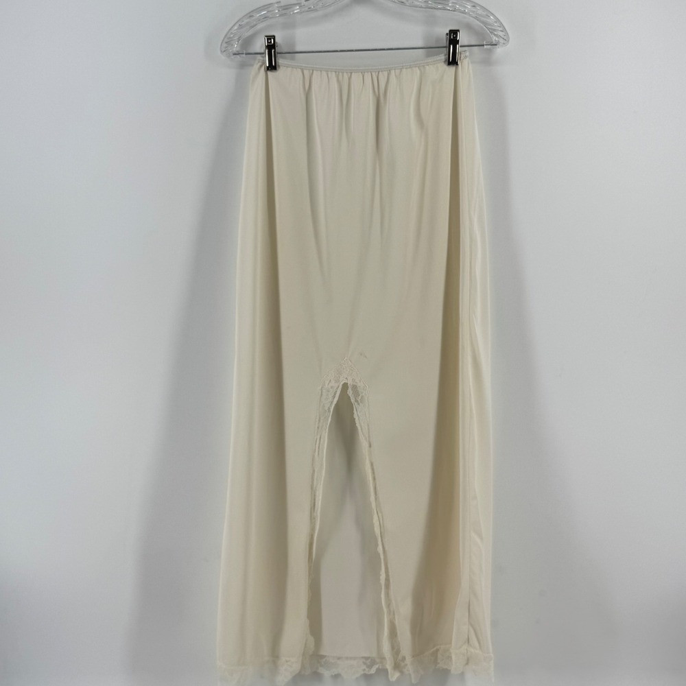 Vintage Cream Lace Trim Long Half Slip Front Slit Ivory Nylon Skirt Undergarment
